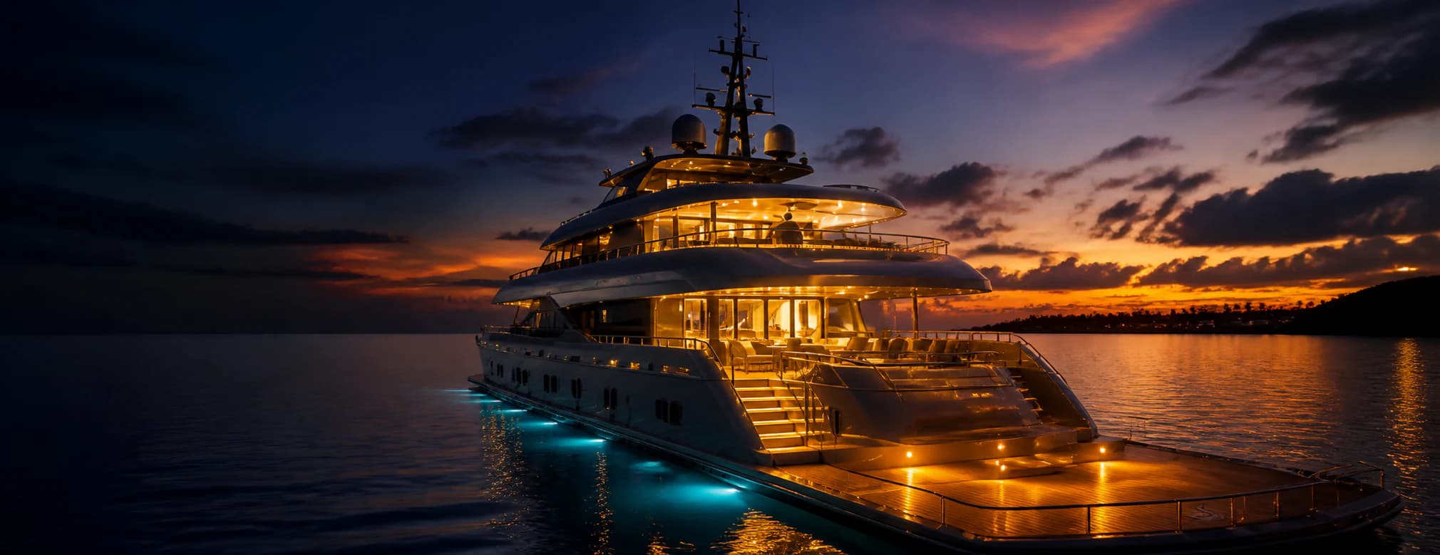 Luxury motor yacht at sunset